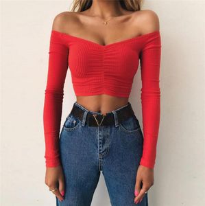 2019011007 Elegante maglietta a coste a maniche lunghe rosse fuori spalla da donna sexy maglietta elastica di base a maglia da lavoro 90S Girls Crop Top Tees5590291