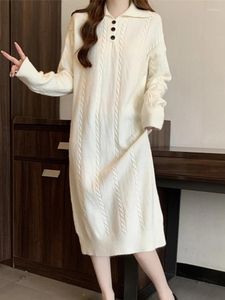 Casual Dresses L-4XLCasual Lapel Knit Loose Fitting Pullover Woolen Dress Long 2024 Winter Korean Fashion Women'S Clothing