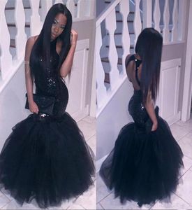 Little black sparkling sequins backless prom dresses mermaid long floor tulle trumpet Party dresses evening wear5108746