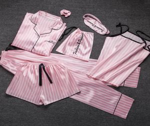 jrmissli pajamas women 7ピックピンクパジャマセットサテンシルクセクシーランジェリーホームウェアスリープウェアパジャマセットピジャマ女性8899744