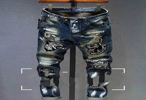 Europäische Stil einzelne Jeans Men039s Mode Stickerei Ripped Street HipHop Vintage Trend Men039s Friseur Pants 7274999