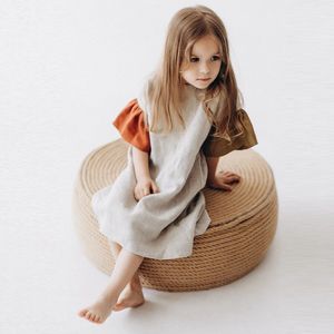 Girls Natural Linen Patchwork Dress Summer Baby Kids Flare Sleeve Casual Cotton And Dresses Childrens Clothing TZ045 240517