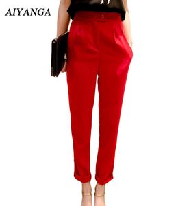 Calça de cintura alta do verão de 2018 para mulheres Harém AnkleLength calça de cor sólida calça vermelha feminina casual moda y190709987372