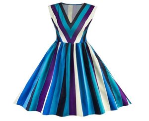 Vintage Women Party gestreift V Hals ärmellose Aline Kleid Mode Girls Damen Sommer Blau Elegant Retro Kleider DK4126SY5629861