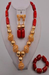 Nigerian Dubai Gold African Necklace Earrings Armband för kvinnor Red Coral Beads Wedding Jewelry Set49760757458707