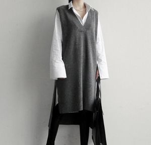 Korea 2018 Knitted Sweater Vest Grey Black Long Vest Dress Knit Vneck Thick Long Womens Sweaters Sleeveless Sweater Dress5189285