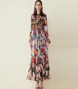 2019 kvinnors klänningar o nacke långa ärmar blommor tryckta ruffles elegant designer casual semester maxi klänningar8426190