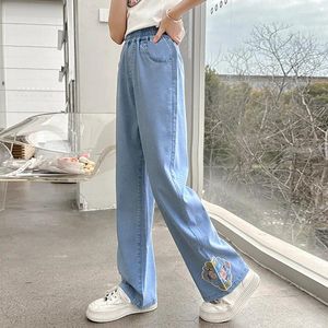 Trousers Girls Summer Pants 2024 Thin Chinese Denim Embroidery Straight Simple Casual Style All-match Bottoms