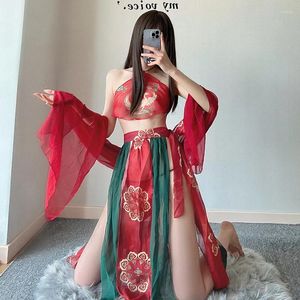 Бюстгальтеры устанавливают сексуальные женские женские женские китайские классические наряд невесты аниме Смотри через эротический свадебный набор красный ханфу костюмы для сна
