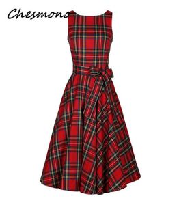 Mulheres o pescoço Tartan vermelho verifica vestido xadrez retro vintage 50s 60s pin up rockabilly swing vestidos com faixas hepburn robe vestidos y5809096