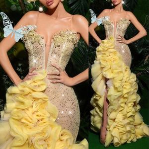 Vestidos de baile amarelos vestidos de baile glitter lantejas de cristal de noite sem mangas bainha dividida Rússia de concurso personalizado Robeant Robe de Mariee