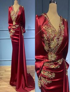 Dark Red Mermaid Prom Evening Dresses Sexy Long Sleeved Beaded Deep V Neck Formal Patry Mother Of Bride Gown BC129081734656