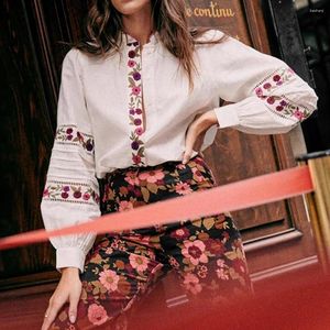 Women's Blouses ZESSAM Flower Embroidery Women Shirt O-Neck Long Sleeve Button Cardigan Vintage Classic Casual Lady Top 2024