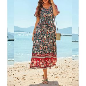 Bohemian VNeck Floral Print Dresse Summer Casual Short Sleeve Midi Dress Beach Boho Elegant Fashion Long Skirts Female 240517