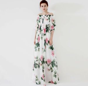 Women039s Runway Dresses Slash Neckline Short Sleeves Floral Printed Elastric Waist Elegant Long Designer Dress7887364