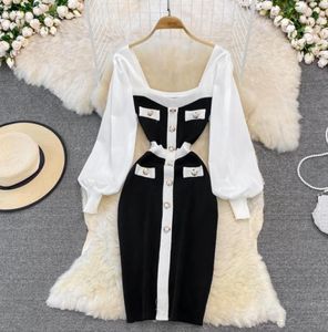 2021 New design women039s square collar lantern long sleeve color block single breasted knee length knitted bodycon dress5350834