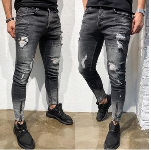 Mens Stylish Ripped Skinny Slim Jeans Fashion Designer Washed Zipper Paneled Biker Straight Frayed Stretch Denim Pants Streetwear4502964