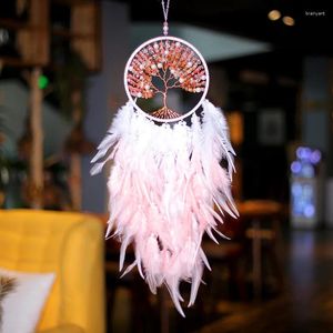 装飾的な置物ハンドメイドドリームキャッチャーウィンドチャイムピンクの砂利木の羽毛クラフトギフトデコレーションホーム