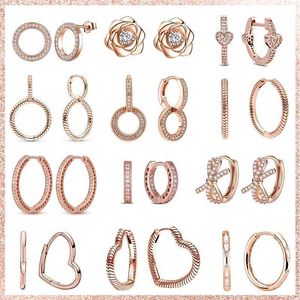 Stud New 925 Silver Rose Gold Hoop örhängen Transparent Zircon Round Heart Bow Earrings Womens Studörhängen Jubileumsmycken Gift Q240517