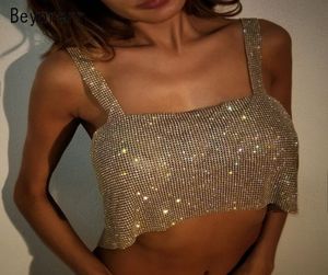 Sexiga kvinnor glänsande tank tops guld paljett metall diamanter skörd toppar väst tee skjorta glitter kristall nattklubb bas3305817