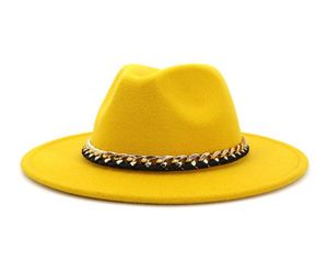 2020 Trenda imitacja wełna Feel Fedora Hats z metalową łańcuchem vintage duża brzegi jazzowa trójka