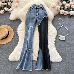 Women's Jeans Spring Color Blocking Splicing High Waist Hairline Trim Retro Thin And Versatile Denim Flared Pants
