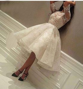 Moda Ivory vestido de baile curto renda Apliques de miçangas de meia manga até vestidos de coquetel árabe de Dubai 7398190