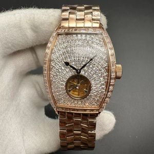 Fashion men watch Baguette diamonds rose gold 40*50mm Fake tourbillon automatic mens watches