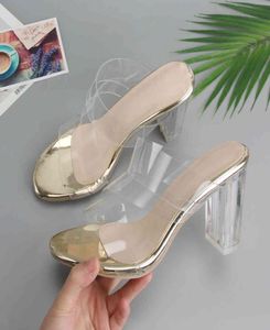 Women Shoes Summer Slides شفافة مكتنزة عالية الكعب الحفل الموضة مفتوحة اصبع القدم الصندل سيدة الذهب الحجم 412 2105178969962