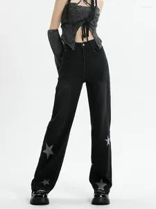 Frauen Jeans Vintage Schwarze Farbstar Print Frauen hohe Taille Jeanshose Harajuku Y2K E-Mädchen lose Bein geraden Jeanshosen