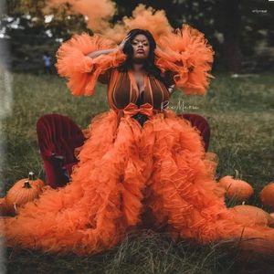 Party Dresses Bright Orange Tulle Maternity Long Sleeves With Train Plus Size Custom Made Bridal Pregnancy Robes