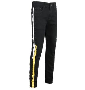 Мужские узкие дизайнер Джин Черная боковая полоса байкерские джинсы Слим эластичный хип -хоп штаны 4182118