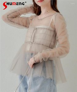 Kadınlar bluz Japon tarzı See-through Sear-through Chiffon Gömlek Bahar 2024 Beyaz Sling ile Zarif Uzun Kollu Top 2 Parçası Set