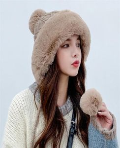 Beanieskull Caps Moda Plush Pompom engross Hats for Women Girls Winter Warm com Muchos de ouvidos à prova de neve à prova de vento 2210136174695