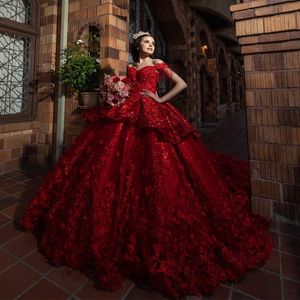 Red Quinceanera Dresses Beading Off The Shoulder Party Dress Appliques 3D Flower Lace Up Court Train Ball Gown Vestido De 15 Anos