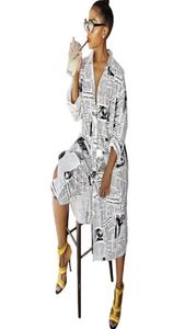 Tidningstryck långärmad skjorta klänning Kvinnor Turndown Collar Button Up Blus Dress Ladies Streetwear Overdimensionerad skjorta klänning J1903402101