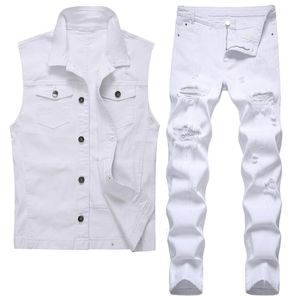 White Men039S Vest and Jeans 2st Set Summer Tracksuits Ripped Hole Slimfit Denim Waistcoat Pants Two Piece Set Conjuntos D6341247