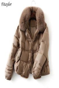 Fitaylor Winter Women Real Fur Collar 90 White Duck Down Jacket Ladies Warm Puffer Coat Female Vintage Button Thick Parkas 2110136401807