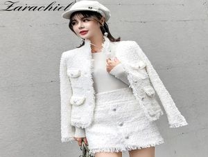 Winter Runway White Wolle 2 -Stück Set Frauen Single Breasted Perlen Perlenjacke Coattassel Kurzrock Winter Tweed Anzug 2010273667214