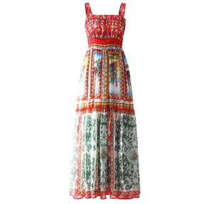 Summer Highquality Silk Blend Printed Elasticwaist Dress013014329