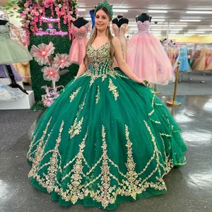 Green Gold Appliqued Quinceanera Dresses Ball Gown 2024 Corset Mexico Dress Sweet 16 Party Dress Vestido De 15 Anos