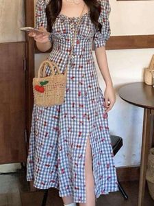 Blue Cherry Plaid Midi Split Dress Women Bandage Short Puff Sleeve Summmer Slim Prom Evening Party High Waist Vintage Dresses