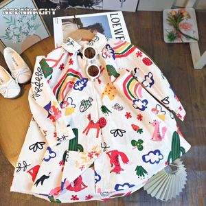 Kız Elbiseleri 2024 Bahar Yeni Çocuk Giyim Çocuk Çocukları Tam Kollu Yokel Graffiti Gömlek Elbise Çocuk Ceket 3-8y D240520