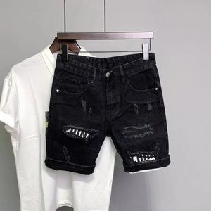 Summer Mens Black Hole Stickers Slim Denim Short Pants Korean Fashion Hip Hop Leggings Harajuku Fashion Men Black Jeans Shorts 240516