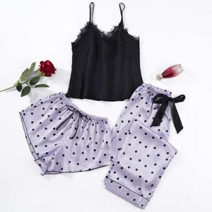 2024 Fashionable suspender shorts, long pants, three piece set for women, polka dots, four seasons home clothing set, thin casual pajamas for women