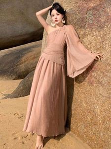 2023 Women's French Elegant Inclined Shoulder Long Dress Korean Fashion Pleated Evening Party Flare Sleeve Dresses Spring