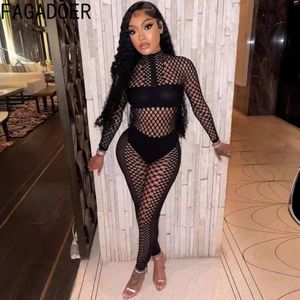 Fagadoer sexy solid hollow perspective two-piece set for womens round neck long sleeved cut topleggings nightclub set 240509