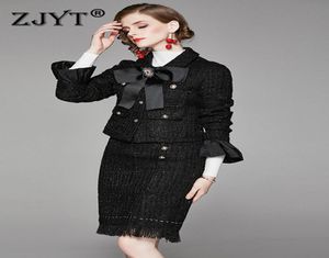 Zima Bowknot Luksusowy brokat Tweed dwuczęściowy zestaw sukienki i spódnica damskie stroje biurowe czarne damskie garnitury plus rozmiar 5163680