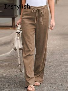 Kobiety vintage bawełniane i lniane szerokie spodnie lege swobodne solidne koronkowe spusty sprężyste talia letnia streetwear harajuku luźne spodni 240428
