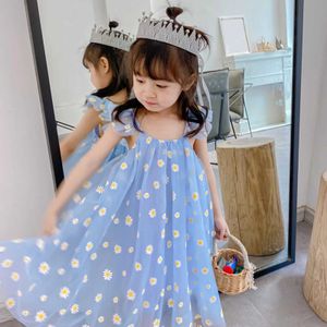 Girl's Dresses Childrens Party Tutu Girls Dress Summer SleEveless Chrysanthemum Printed Sheer Dress Little Girl Summer Dress d240520